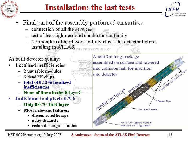 Installation: the last tests • Final part of the assembly performed on surface: –