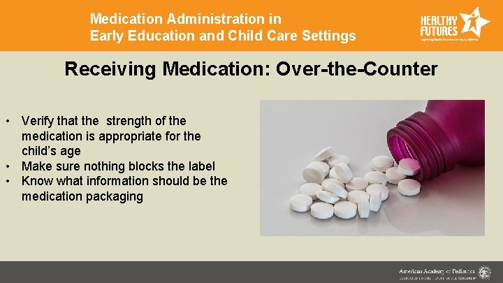 Medication Administration in Early Education and Child Care Settings Receiving Medication: Over-the-Counter • Verify