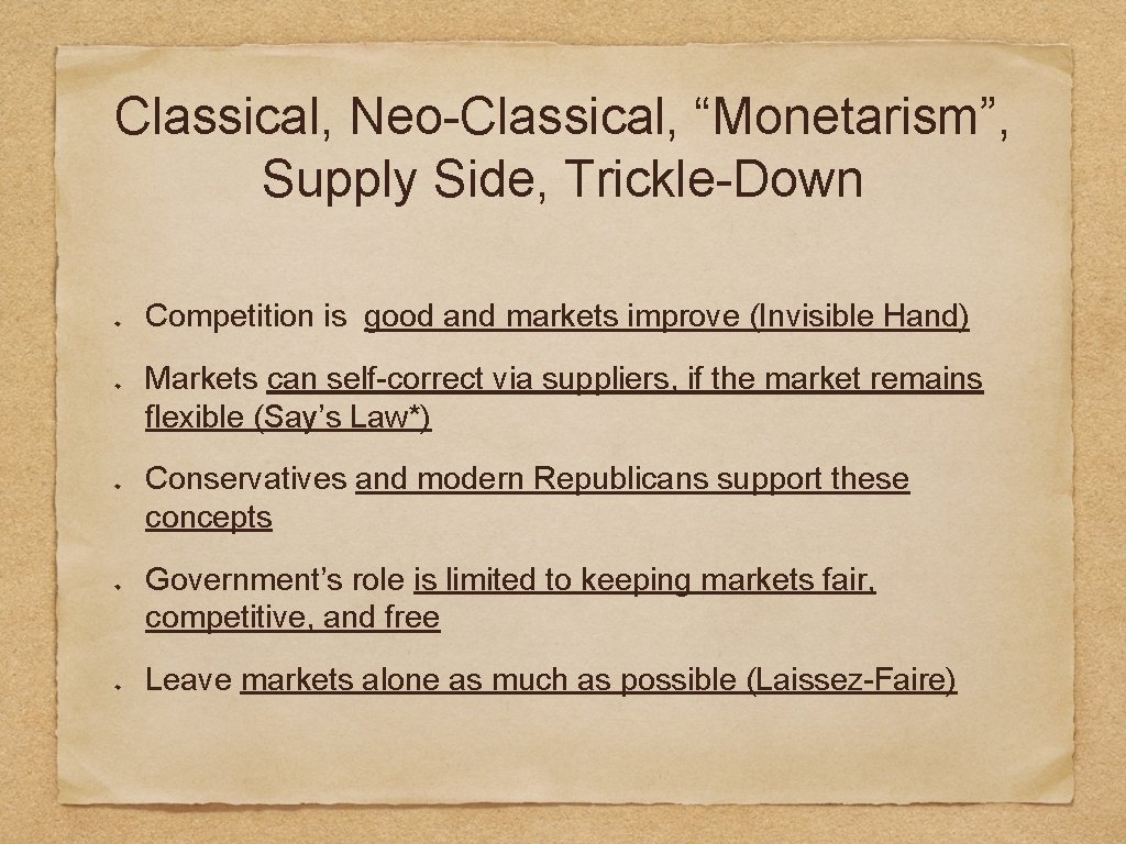 Classical, Neo-Classical, “Monetarism”, Supply Side, Trickle-Down Competition is good and markets improve (Invisible Hand)