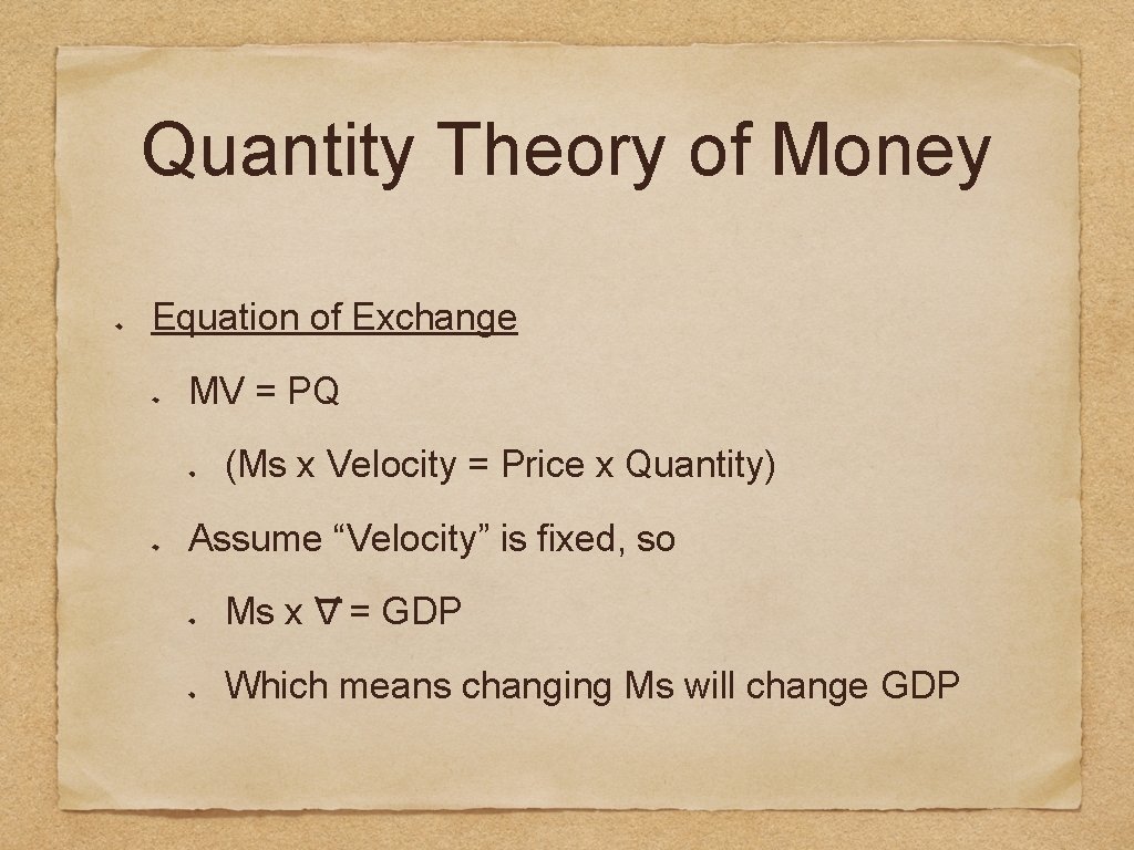 Quantity Theory of Money Equation of Exchange MV = PQ (Ms x Velocity =