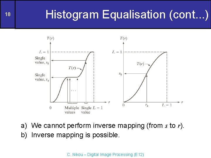 18 Histogram Equalisation (cont. . . ) a) We cannot perform inverse mapping (from