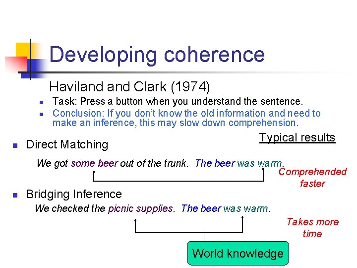 Developing coherence Haviland Clark (1974) n n n Task: Press a button when you