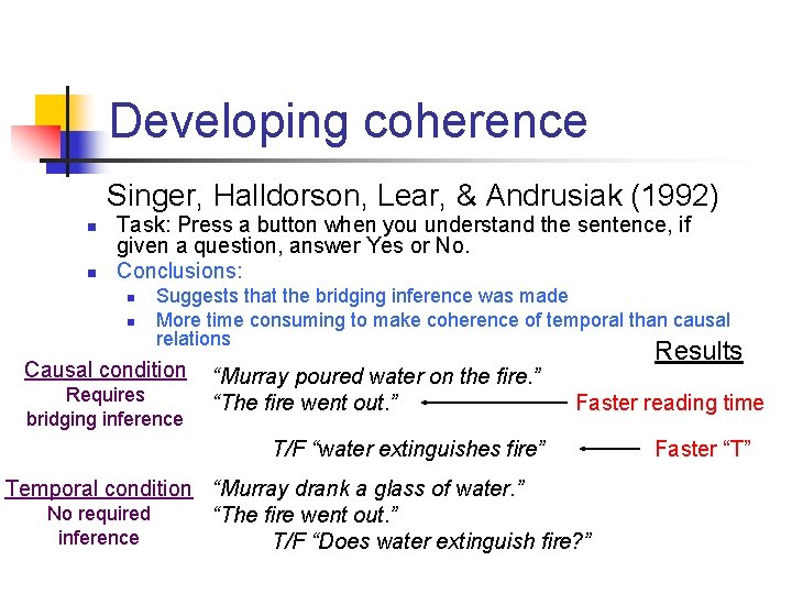 Developing coherence Singer, Halldorson, Lear, & Andrusiak (1992) n n Task: Press a button