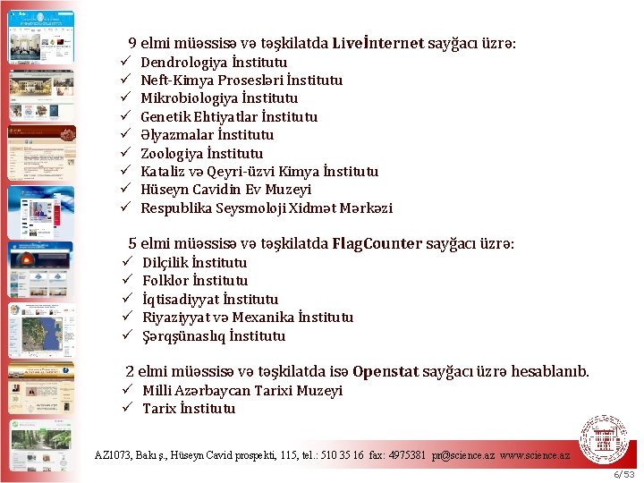 9 elmi müəssisə və təşkilatda Liveİnternet sayğacı üzrə: ü Dendrologiya İnstitutu ü Neft-Kimya Prosesləri