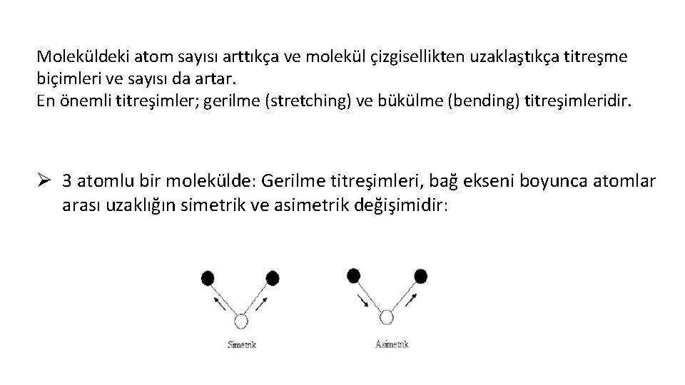 Moleküldeki atom sayısı arttıkça ve molekül çizgisellikten uzaklaştıkça titreşme biçimleri ve sayısı da artar.