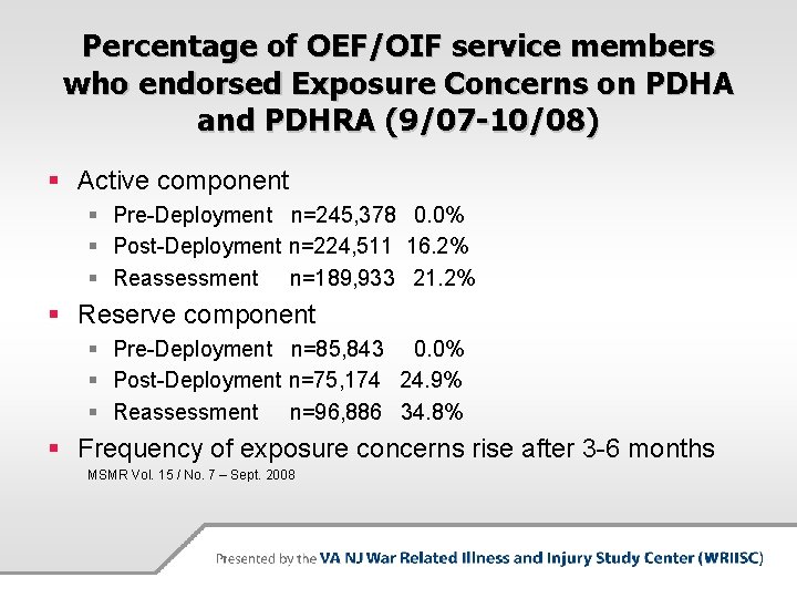 Percentage of OEF/OIF service members who endorsed Exposure Concerns on PDHA and PDHRA (9/07