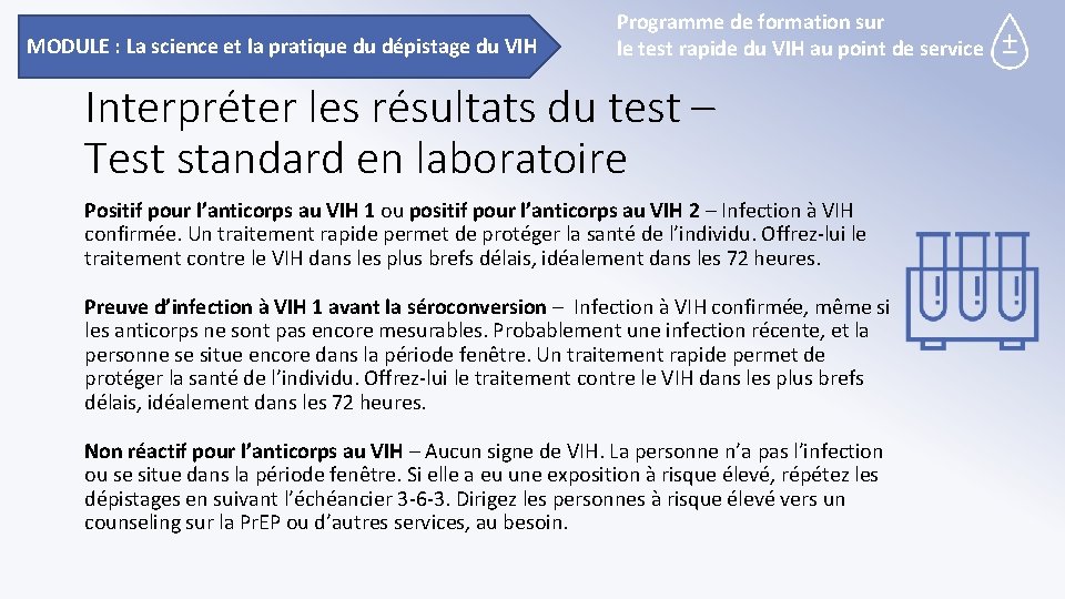 MODULE : La science et la pratique du dépistage du VIH Programme de formation