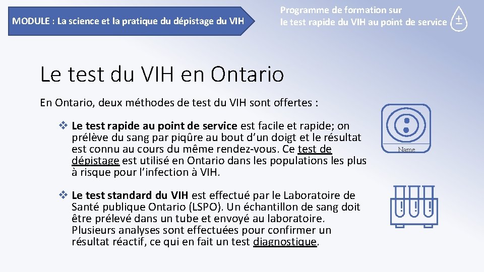 MODULE : La science et la pratique du dépistage du VIH Programme de formation