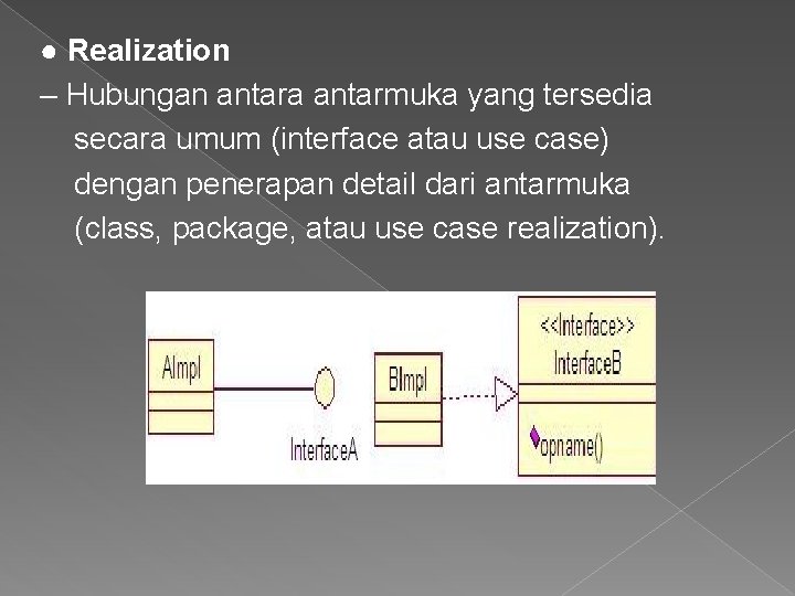 ● Realization – Hubungan antara antarmuka yang tersedia secara umum (interface atau use case)