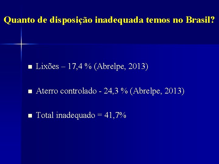 Quanto de disposição inadequada temos no Brasil? n Lixões – 17, 4 % (Abrelpe,