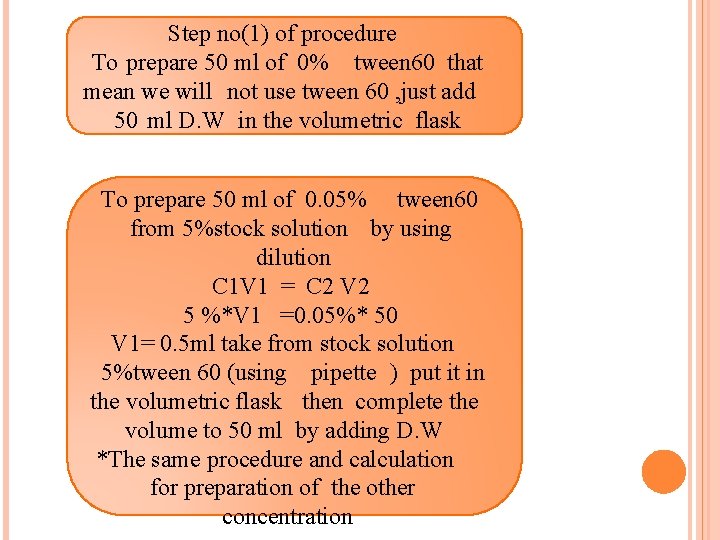 Step no(1) of procedure To prepare 50 ml of 0% tween 60 that mean