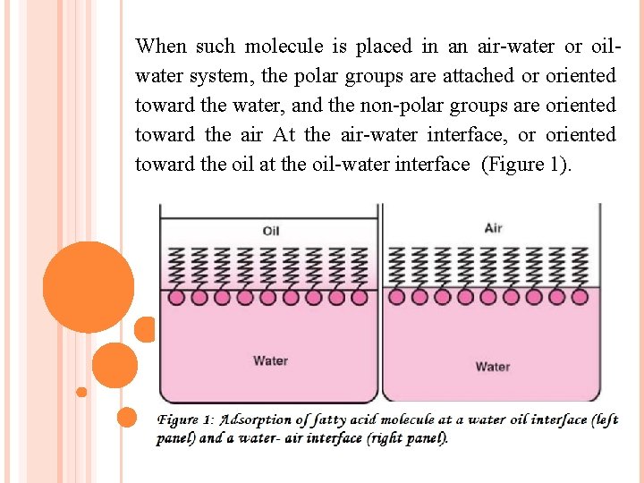 When such molecule is placed in an air-water or oilwater system, the polar groups