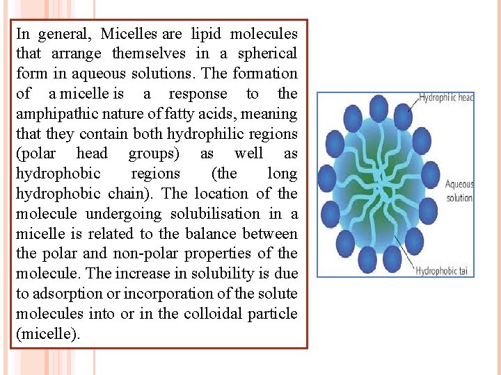 In general, Micelles are lipid molecules that arrange themselves in a spherical form in
