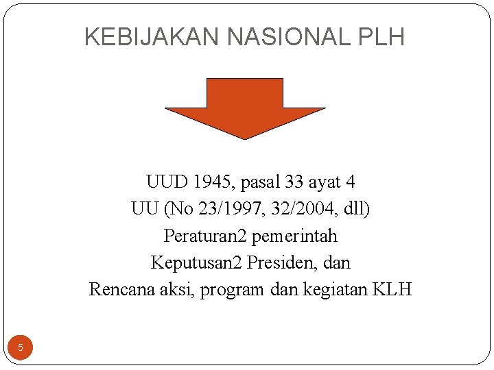 KEBIJAKAN NASIONAL PLH UUD 1945, pasal 33 ayat 4 UU (No 23/1997, 32/2004, dll)