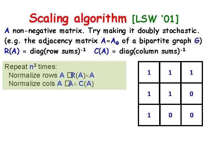 Scaling algorithm [LSW ‘ 01] A non-negative matrix. Try making it doubly stochastic. (e.