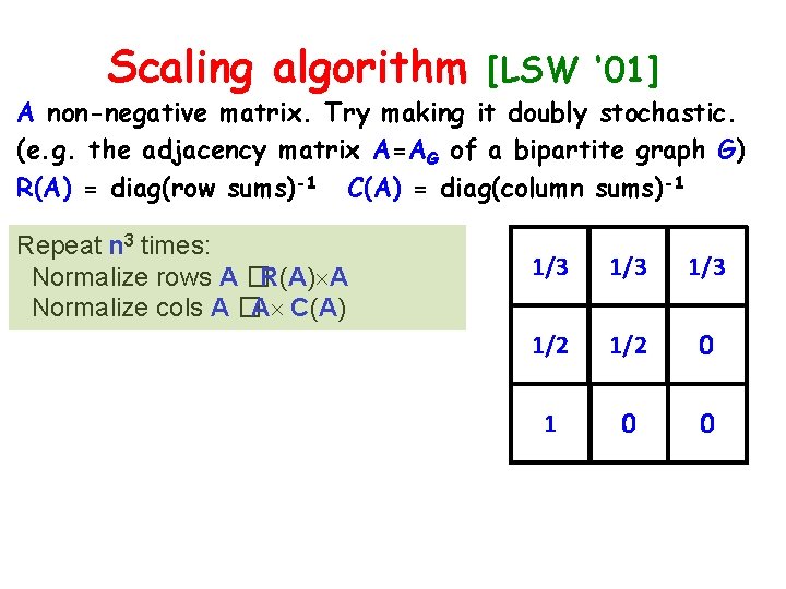 Scaling algorithm [LSW ‘ 01] A non-negative matrix. Try making it doubly stochastic. (e.