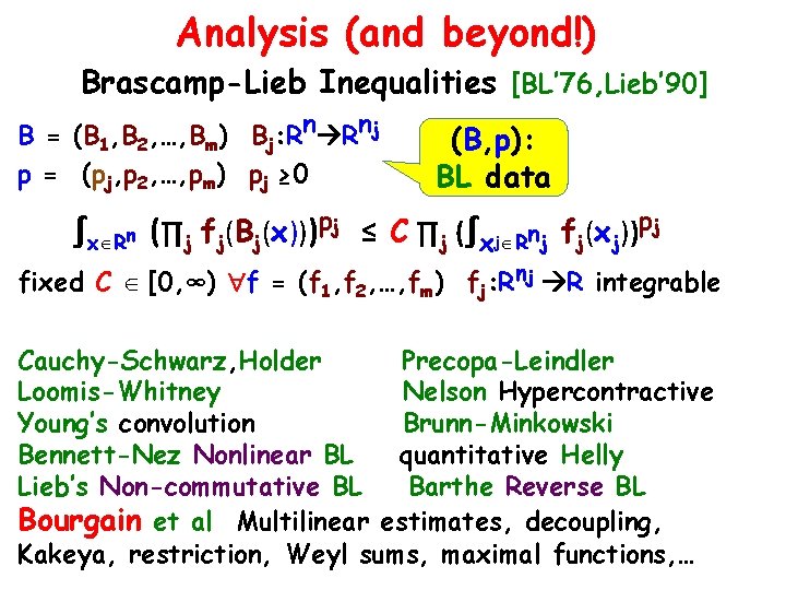 Analysis (and beyond!) Brascamp-Lieb Inequalities [BL’ 76, Lieb’ 90] B = (B 1, B