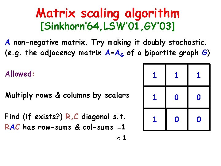 Matrix scaling algorithm [Sinkhorn’ 64, LSW’ 01, GY’ 03] A non-negative matrix. Try making