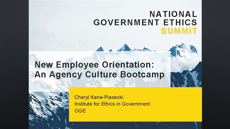 NATIONAL GOVERNMENT ETHICS SUMMIT New Employee Orientation: An Agency Culture Bootcamp Cheryl Kane-Piasecki Institute