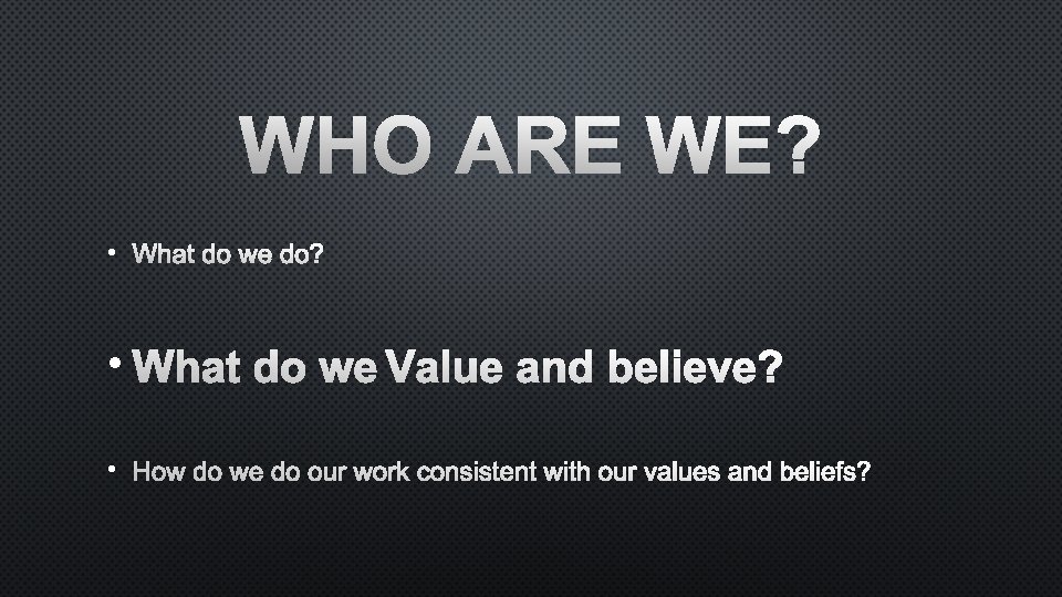 WHO ARE WE? • WHAT DO WE DO? • WHAT DO WE VALUE AND
