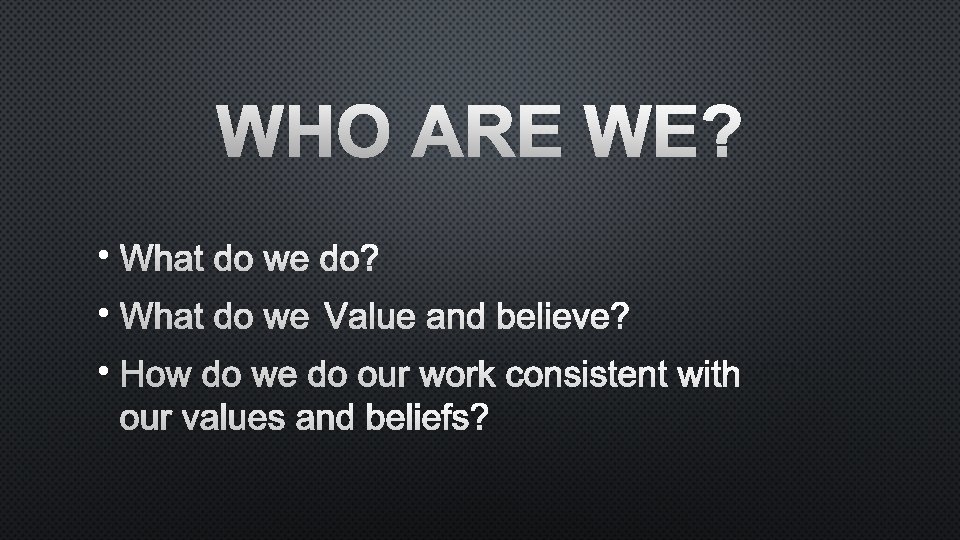 WHO ARE WE? • WHAT DO WE DO? • WHAT DO WE VALUE AND