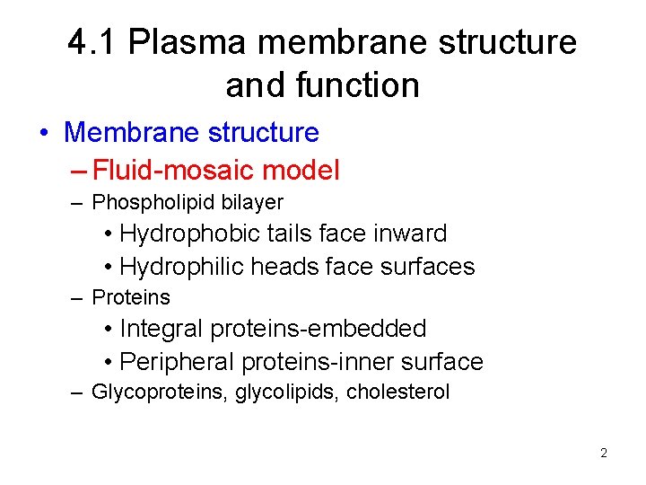 4. 1 Plasma membrane structure and function • Membrane structure – Fluid-mosaic model –