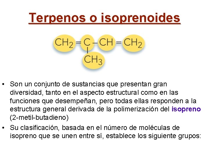 Terpenos o isoprenoides • Son un conjunto de sustancias que presentan gran diversidad, tanto