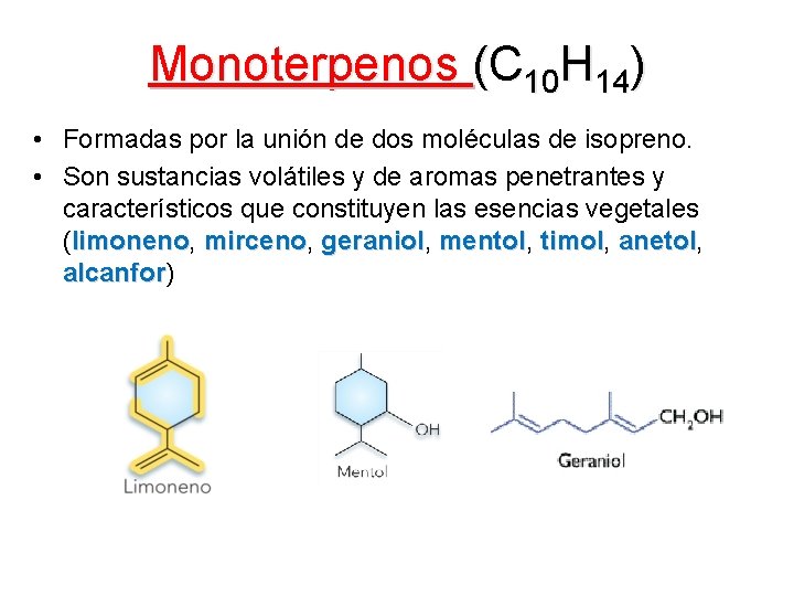 Monoterpenos (C 10 H 14) • Formadas por la unión de dos moléculas de