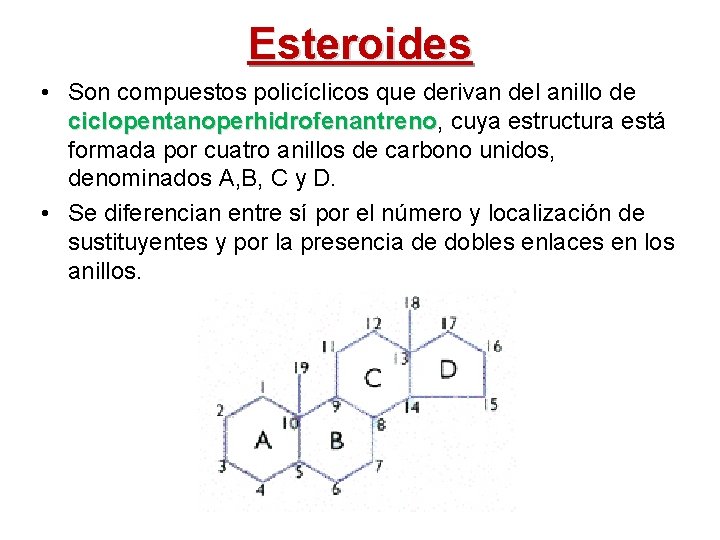 Esteroides • Son compuestos policíclicos que derivan del anillo de ciclopentanoperhidrofenantreno, ciclopentanoperhidrofenantreno cuya estructura