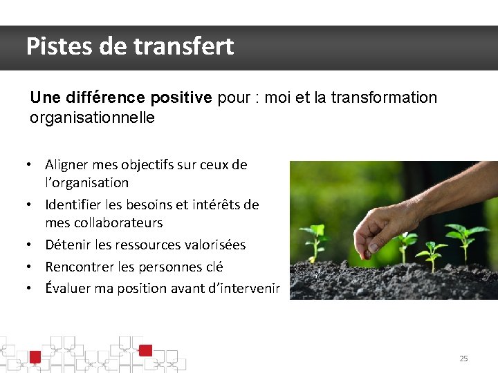 Pistes de transfert Une différence positive pour : moi et la transformation organisationnelle •