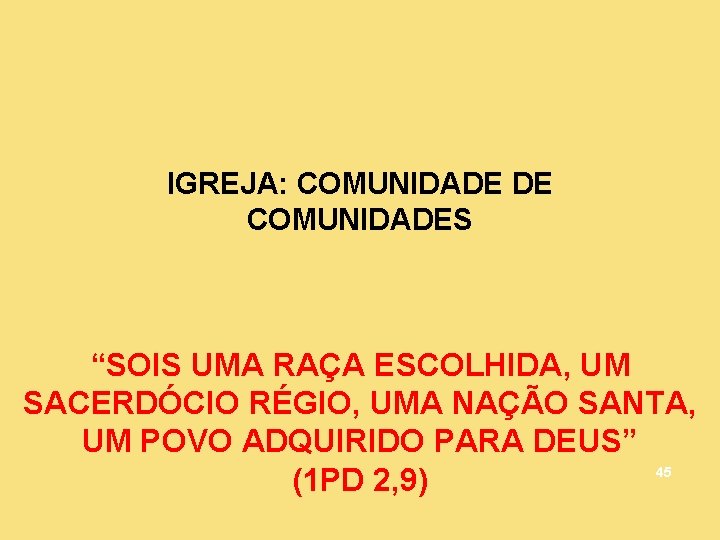 IGREJA: COMUNIDADE DE COMUNIDADES “SOIS UMA RAÇA ESCOLHIDA, UM SACERDÓCIO RÉGIO, UMA NAÇÃO SANTA,