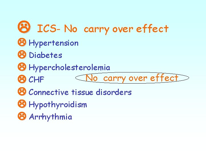  ICS- No carry over effect Hypertension Diabetes Hypercholesterolemia No carry over effect CHF