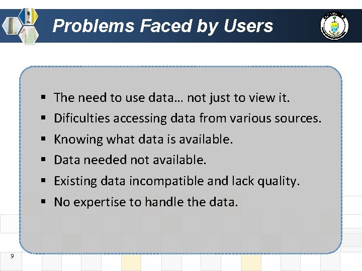 Problems Faced by Users § § § 9 The need to use data… not