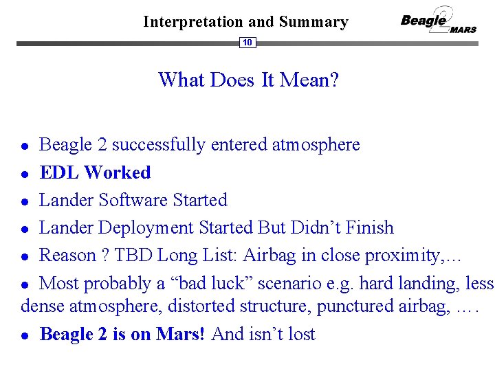 Interpretation and Summary 10 What Does It Mean? Beagle 2 successfully entered atmosphere l
