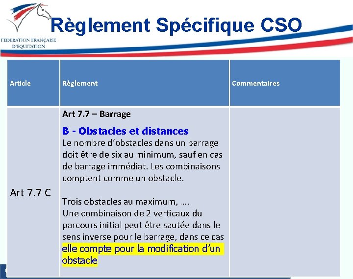 Règlement Spécifique CSO Article Règlement Art 7. 7 – Barrage B - Obstacles et