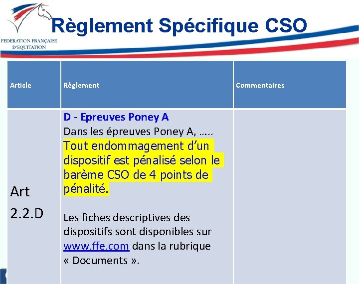 Règlement Spécifique CSO Article Art 2. 2. D Règlement D - Epreuves Poney A