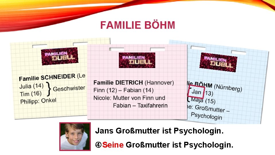 FAMILIE BÖHM Jans Großmutter ist Psychologin. Seine Großmutter ist Psychologin. 