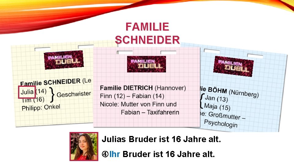 FAMILIE SCHNEIDER Julias Bruder ist 16 Jahre alt. Ihr Bruder ist 16 Jahre alt.