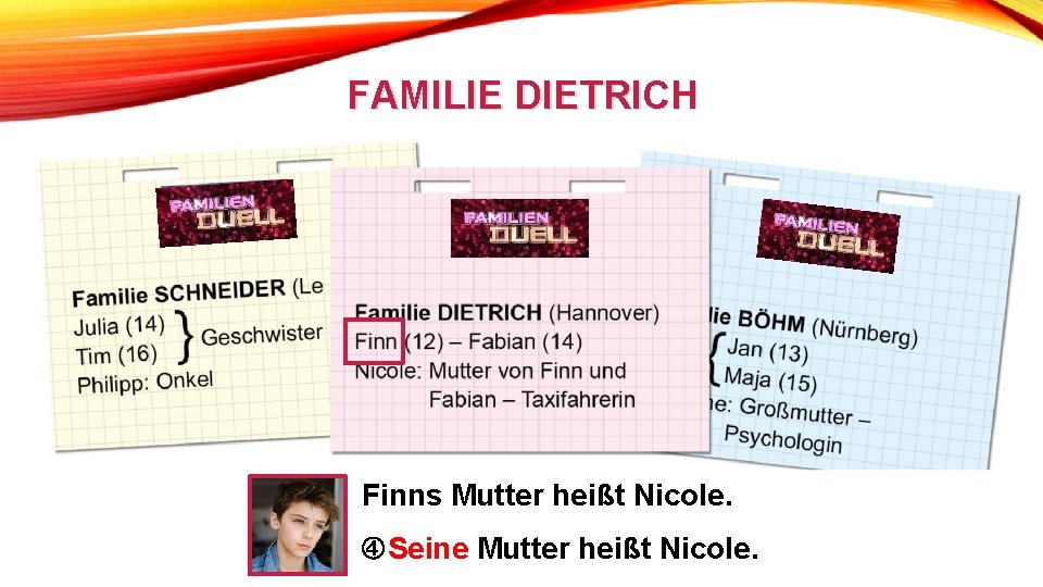 FAMILIE DIETRICH Finns Mutter heißt Nicole. Seine Mutter heißt Nicole. 