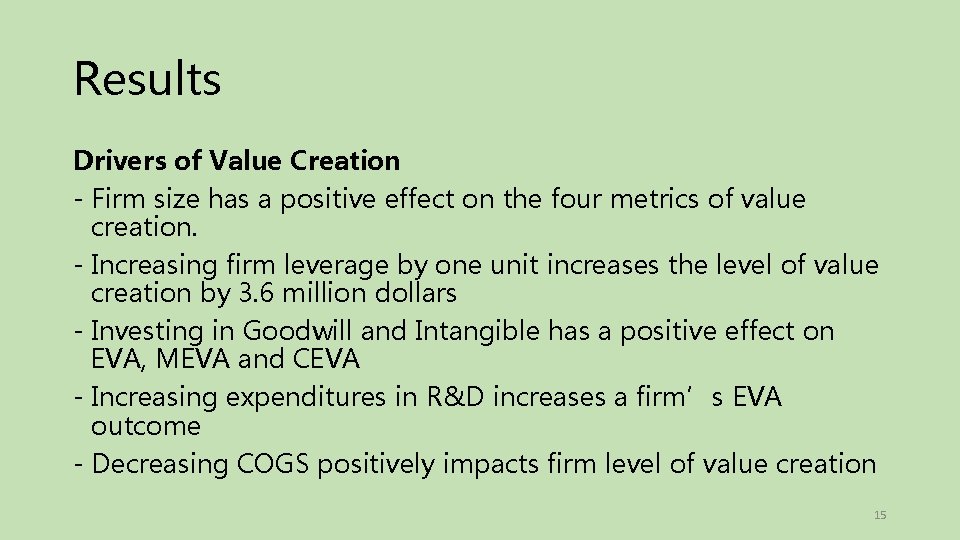 Results Drivers of Value Creation - Firm size has a positive effect on the