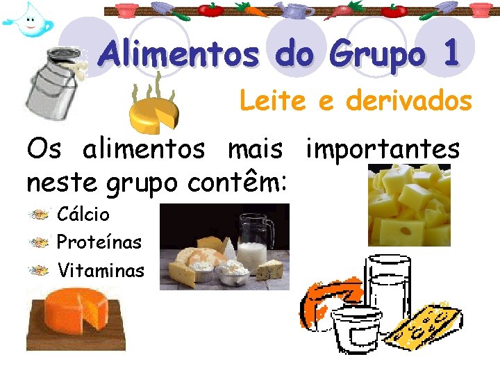 Alimentos do Grupo 1 Leite e derivados Os alimentos mais importantes neste grupo contêm: