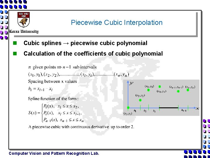 Piecewise Cubic Interpolation n Cubic splines → piecewise cubic polynomial n Calculation of the