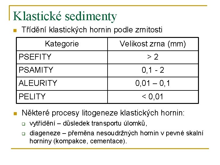 Klastické sedimenty n Třídění klastických hornin podle zrnitosti Kategorie PSEFITY >2 PSAMITY 0, 1