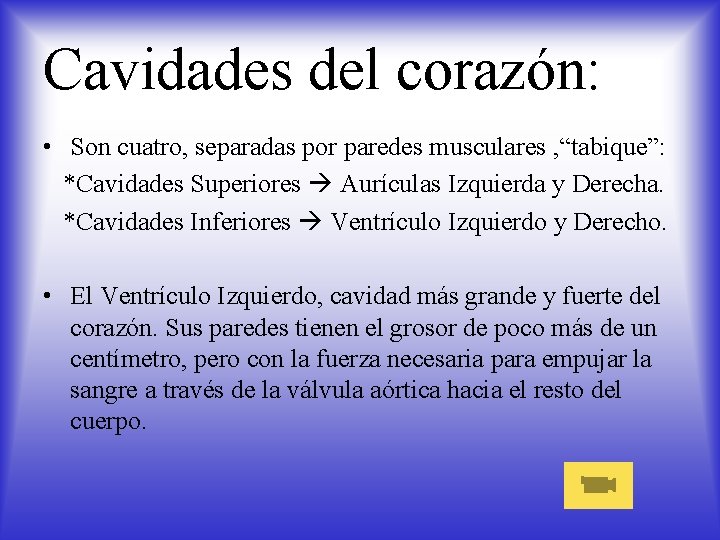 Cavidades del corazón: • Son cuatro, separadas por paredes musculares , “tabique”: *Cavidades Superiores