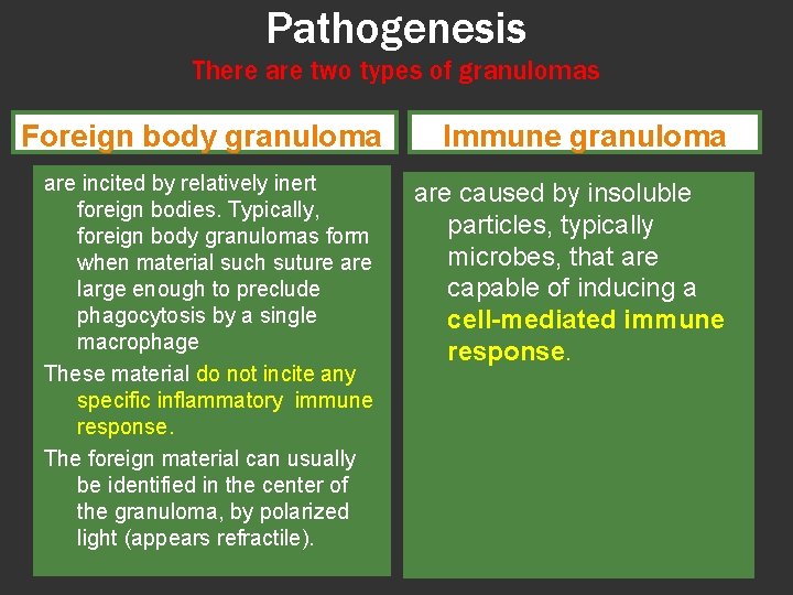 Pathogenesis There are two types of granulomas Foreign body granuloma are incited by relatively