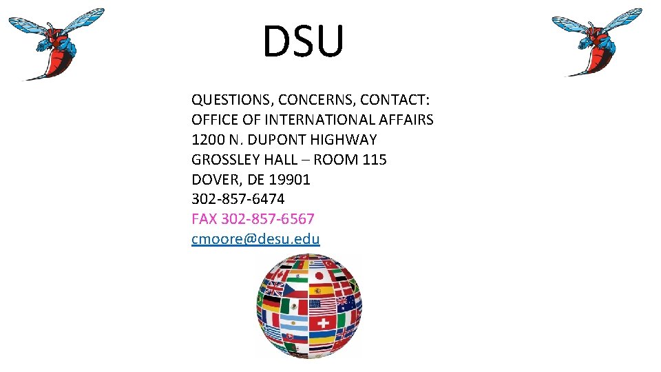 DSU QUESTIONS, CONCERNS, CONTACT: OFFICE OF INTERNATIONAL AFFAIRS 1200 N. DUPONT HIGHWAY GROSSLEY HALL