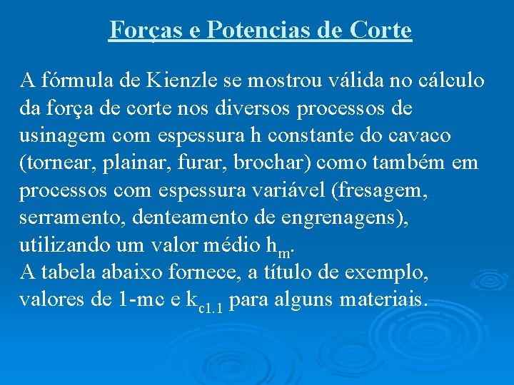Forças e Potencias de Corte A fórmula de Kienzle se mostrou válida no cálculo