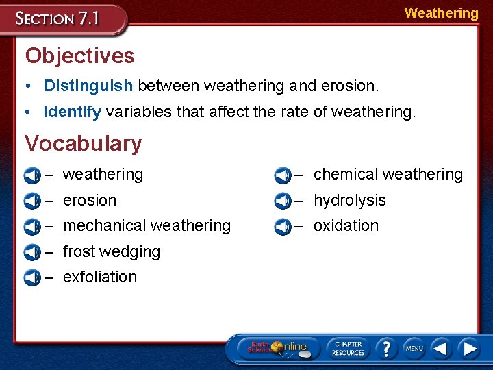 Weathering Objectives • Distinguish between weathering and erosion. • Identify variables that affect the