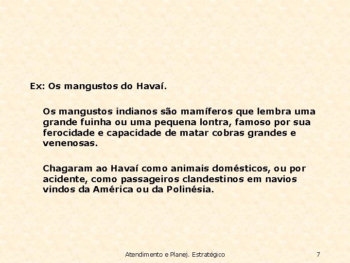 Ex: Os mangustos do Havaí. Os mangustos indianos são mamíferos que lembra uma grande