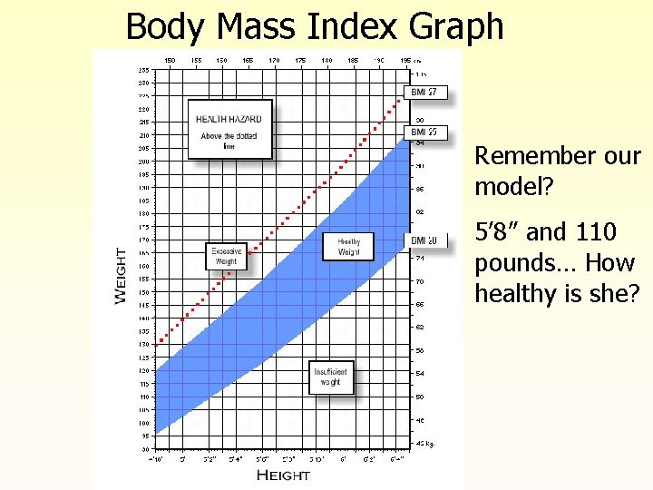 Body Mass Index Graph Remember our model? 5’ 8” and 110 pounds… How healthy